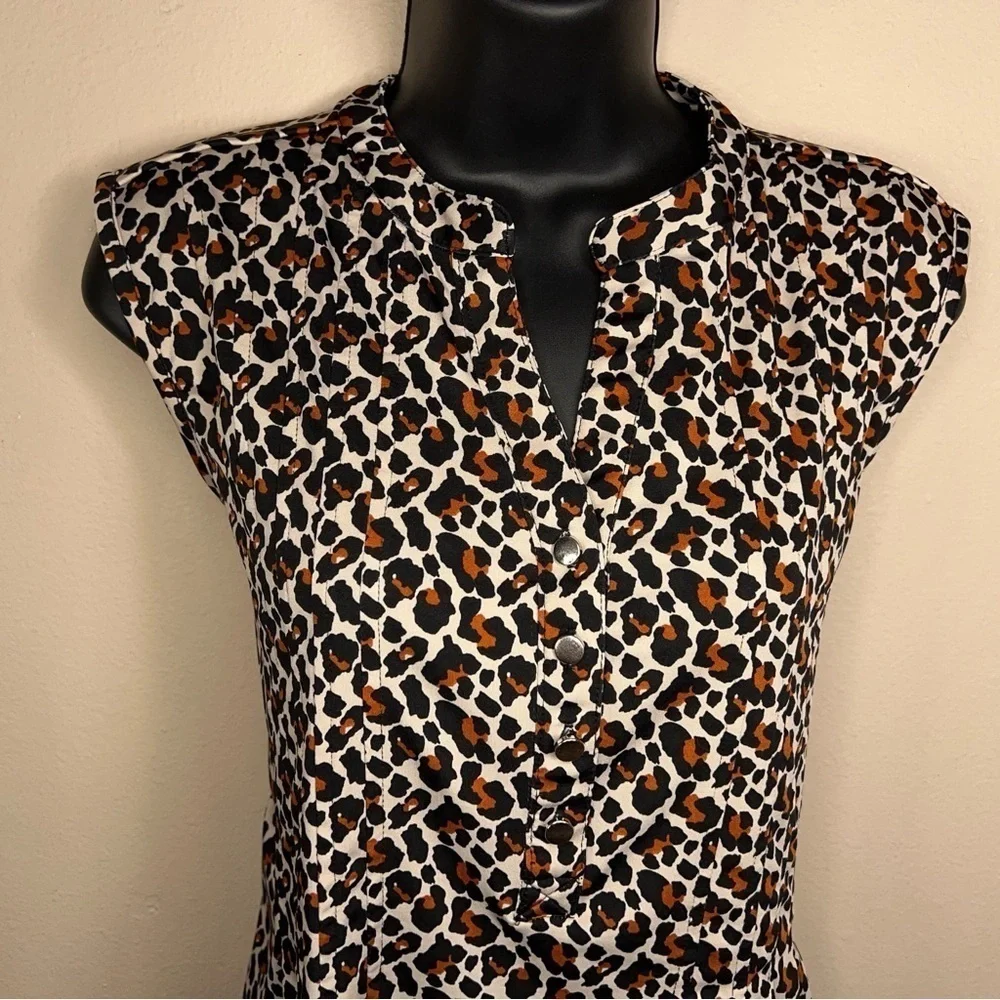 MEDIUM KIM ROGERS LEOPARD PRINT BLOUSE SLEEVELESS STRETCH BEIGE BROWN ANIMAL